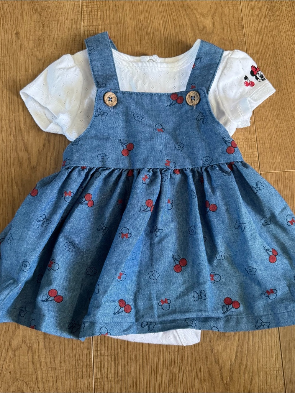 Disney Blue Denim-Print Cherry Pinafore Dress with White Tee